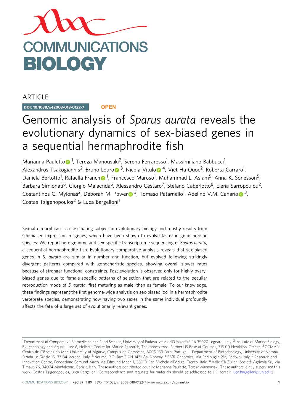 Genomic Analysis of Sparus Aurata Reveals the Evolutionary Dynamics of Sex-Biased Genes in a Sequential Hermaphrodite ﬁsh