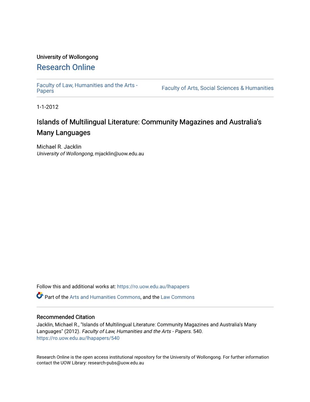 Islands of Multilingual Literature: Community Magazines and Australia’S Many Languages