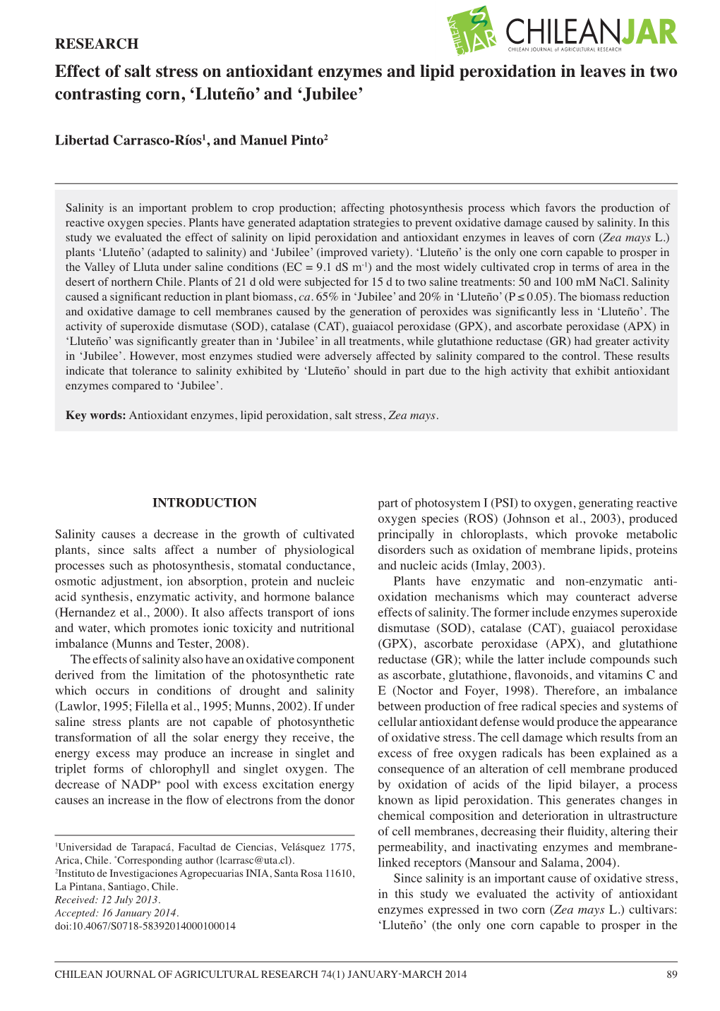 Effect of Salt Stress on Antioxidant Enzymes and Lipid Peroxidation in Leaves in Two Contrasting Corn, ‘Lluteño’ and ‘Jubilee’