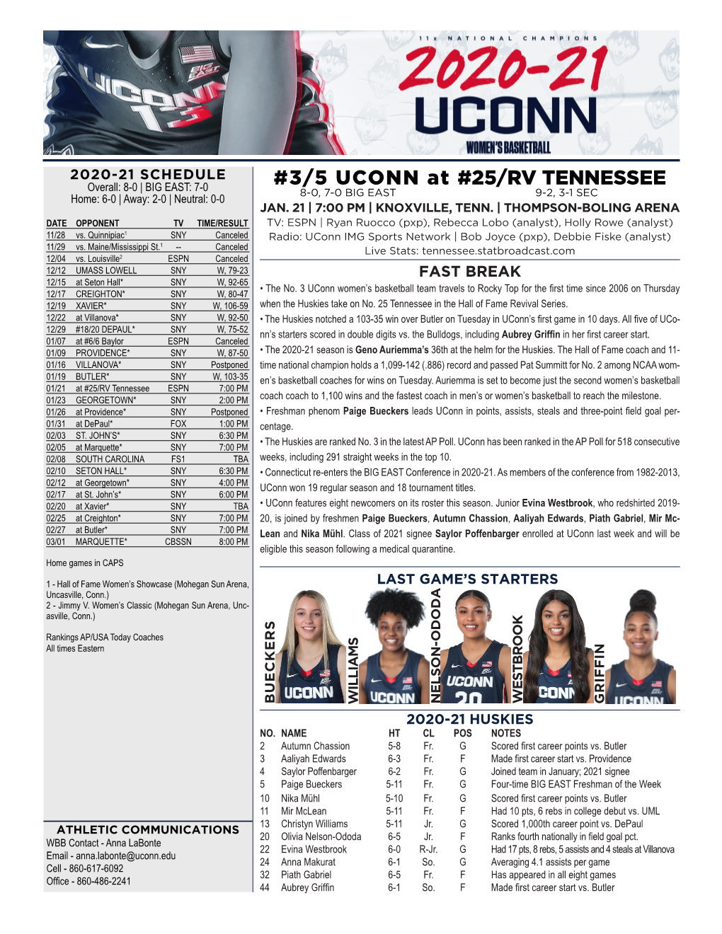 3/5 UCONN at #25/RV TENNESSEE Overall: 8-0 | BIG EAST: 7-0 8-0, 7-0 BIG EAST 9-2, 3-1 SEC Home: 6-0 | Away: 2-0 | Neutral: 0-0 JAN