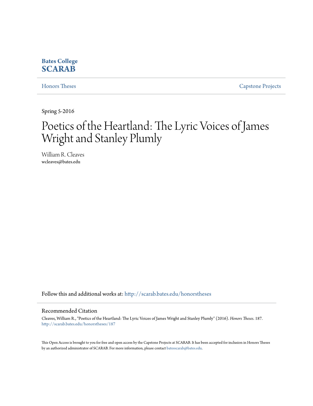 The Lyric Voices of James Wright and Stanley Plumly