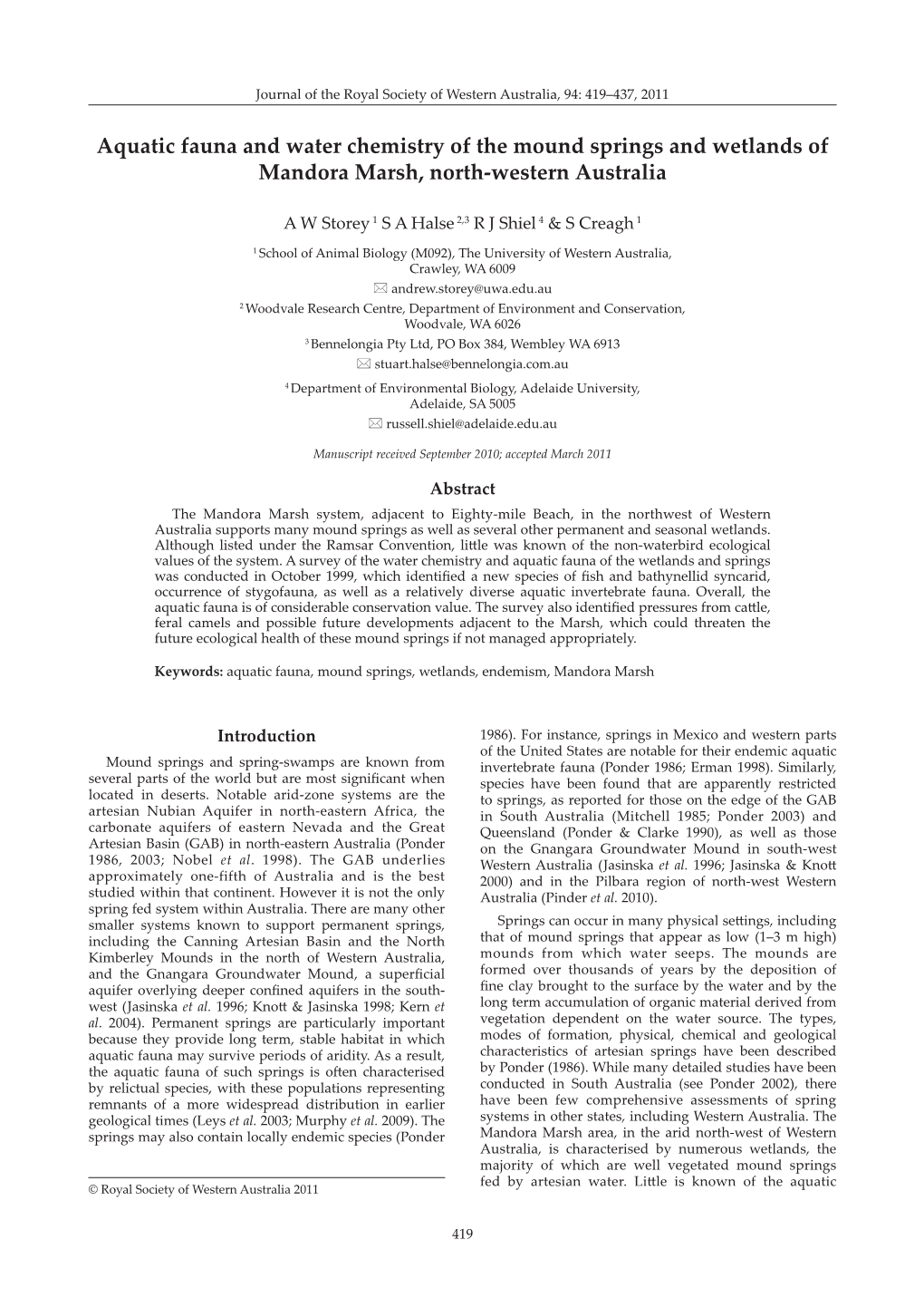 Aquatic Fauna and Water Chemistry of the Mound Springs and Wetlands of Mandora Marsh, North-Western Australia