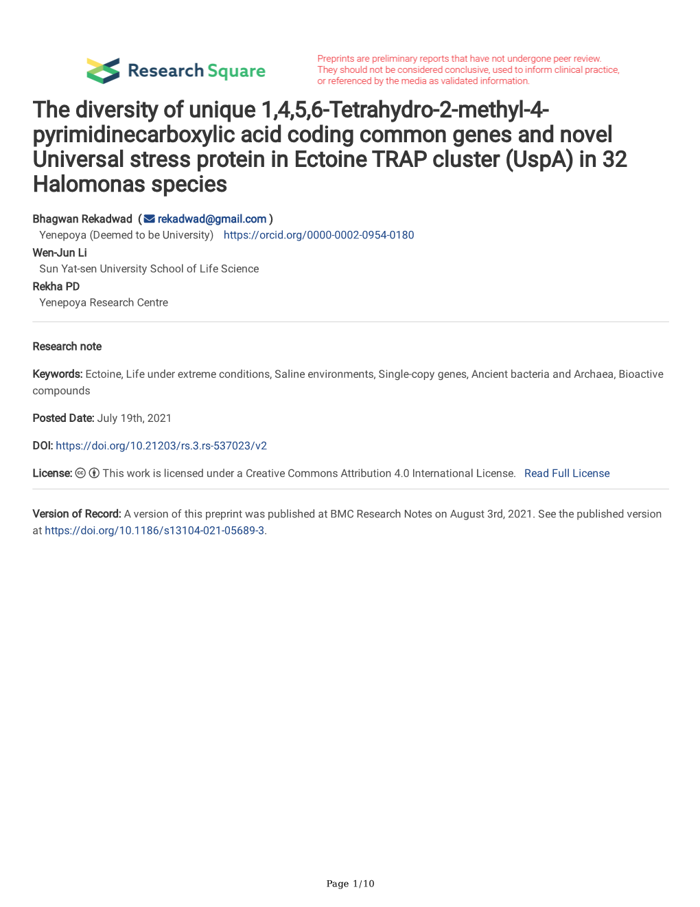 Pyrimidinecarboxylic Acid Coding Common Genes and Novel Universal Stress Protein in Ectoine TRAP Cluster (Uspa) in 32 Halomonas Species
