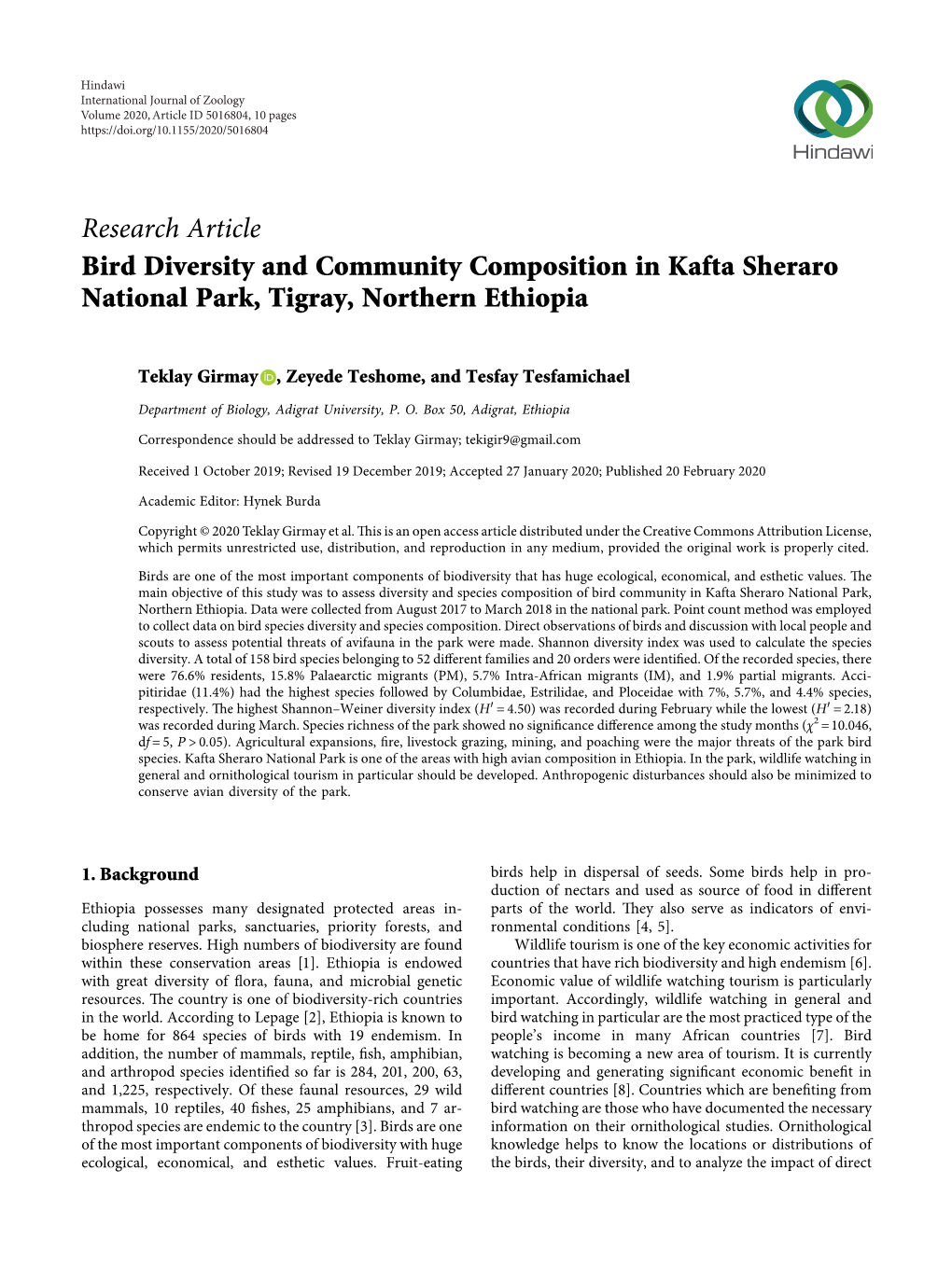 Research Article Bird Diversity and Community Composition in Kafta Sheraro National Park, Tigray, Northern Ethiopia