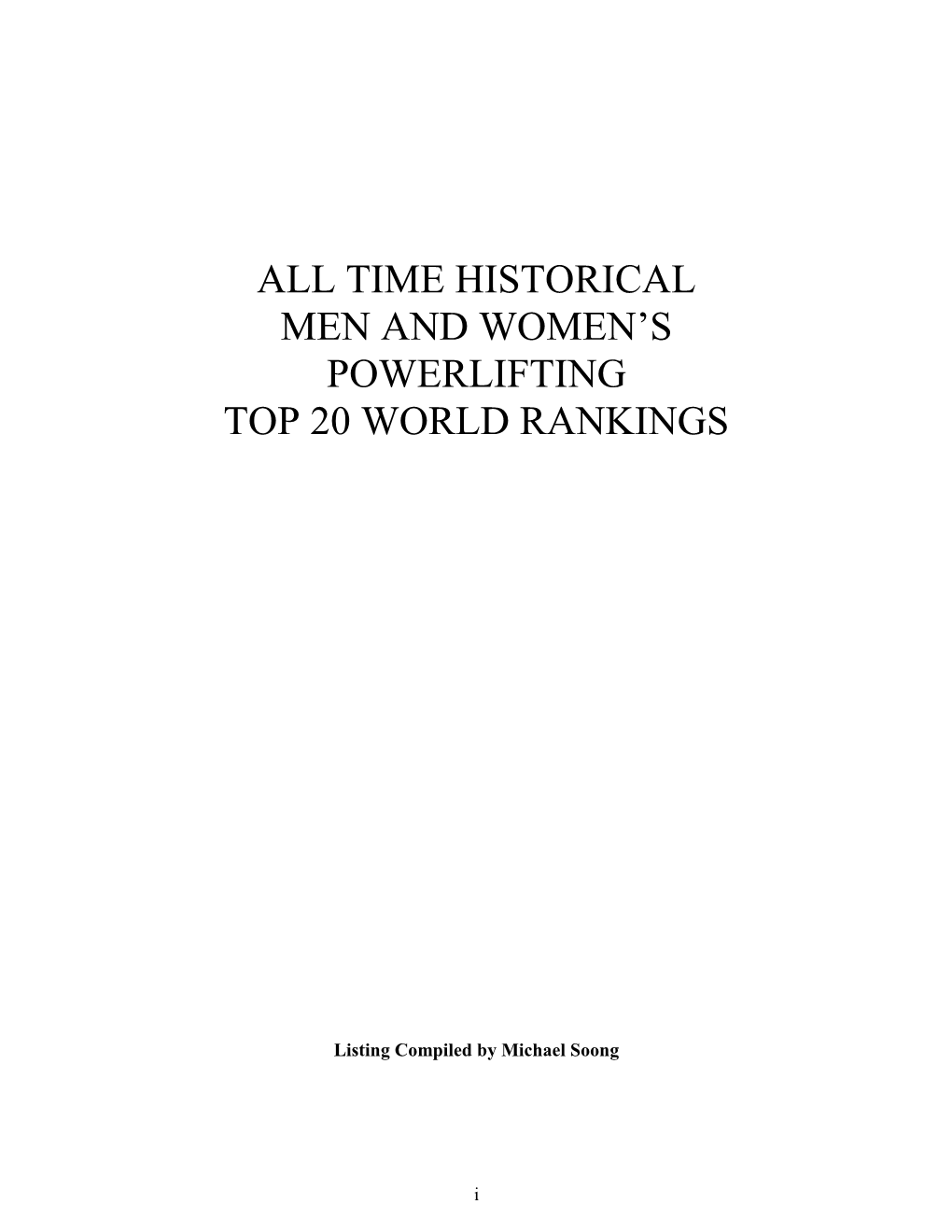 Time Historical Men and Women's Powerlifting Top 20 World Rankings