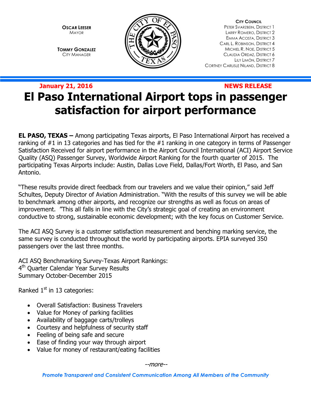 El Paso International Airport Tops in Passenger Satisfaction for Airport Performance