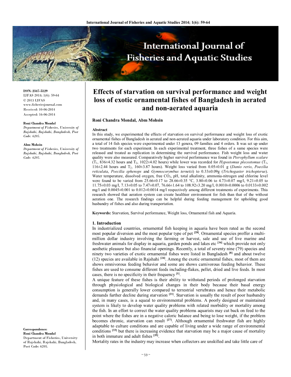 Effects of Starvation on Survival Performance and Weight Loss of Exotic Ornamental Fishes of Bangladesh in Aerated and Non-Aerated Aquaria Under Laboratory Condition
