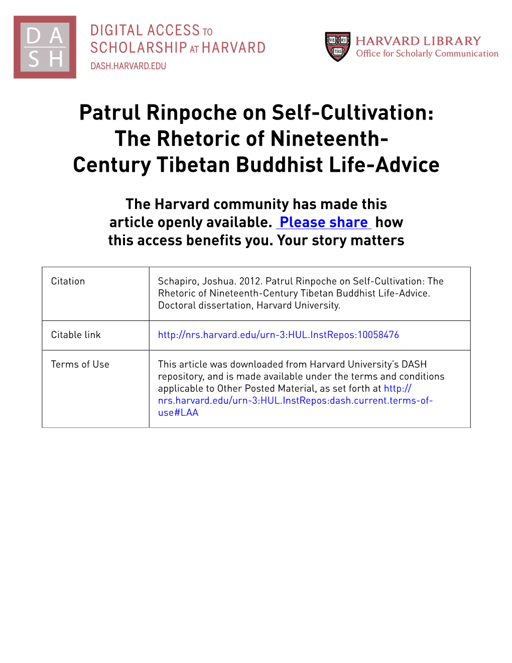 Patrul Rinpoche on Self-Cultivation: the Rhetoric of Nineteenth- Century Tibetan Buddhist Life-Advice