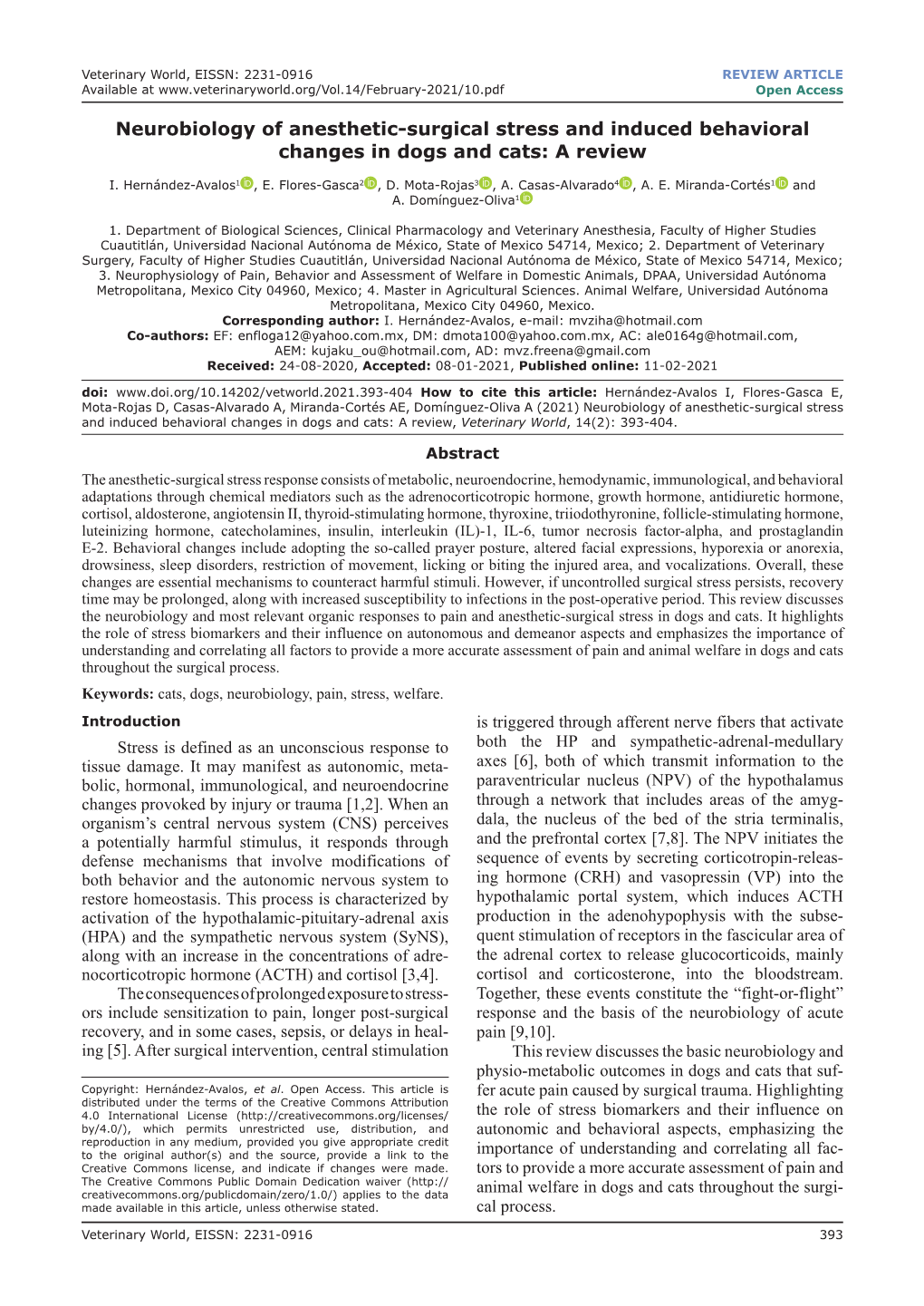 Neurobiology of Anesthetic-Surgical Stress and Induced Behavioral Changes in Dogs and Cats: a Review