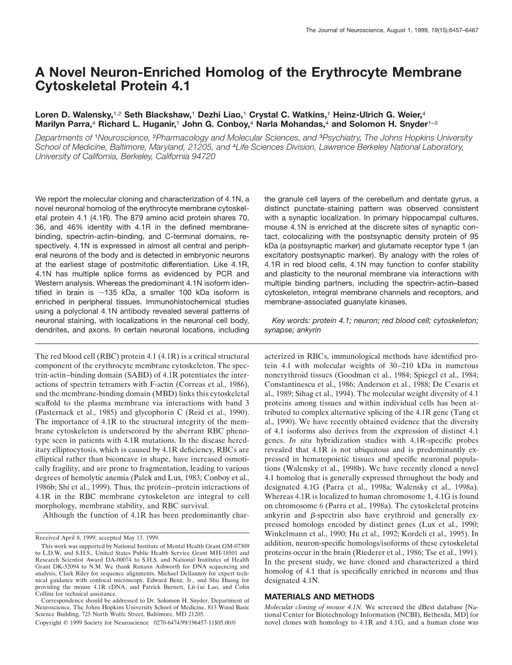 A Novel Neuron-Enriched Homolog of the Erythrocyte Membrane Cytoskeletal Protein 4.1