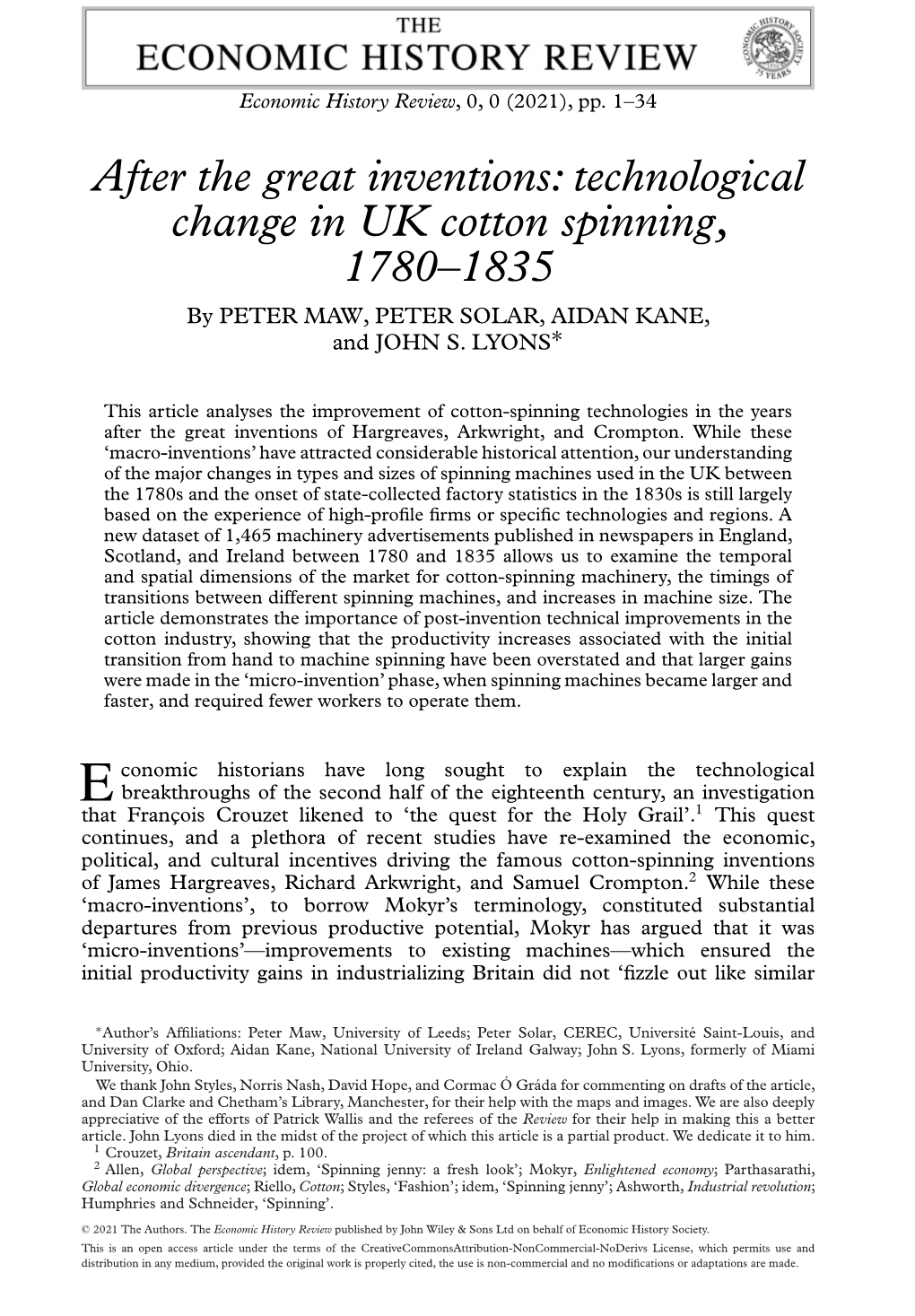 Technological Change in UK Cotton Spinning, 1780–1835 by PETER MAW, PETER SOLAR, AIDAN KANE, ∗ Andjohns.LYONS