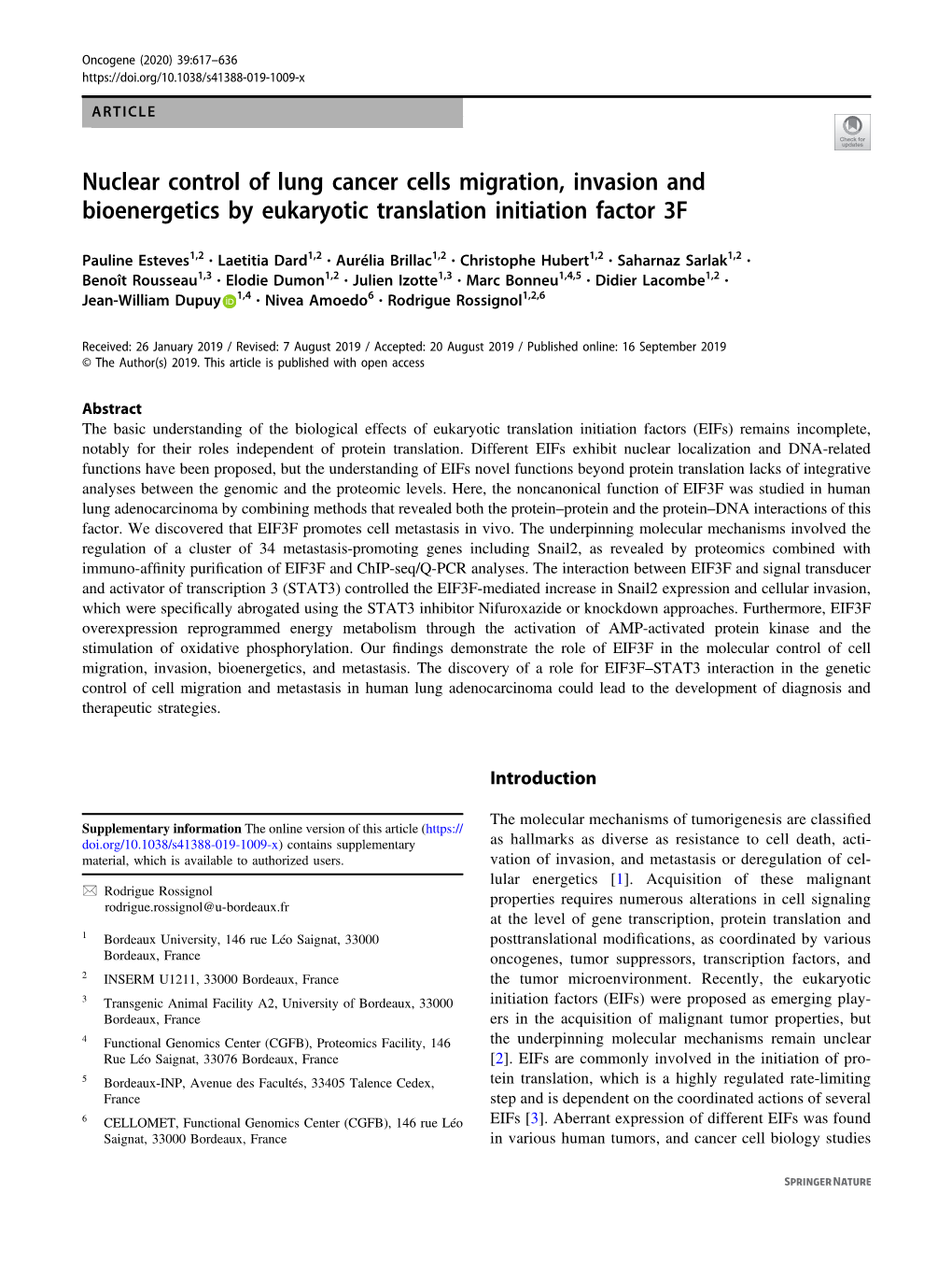 Nuclear Control of Lung Cancer Cells Migration, Invasion and Bioenergetics by Eukaryotic Translation Initiation Factor 3F