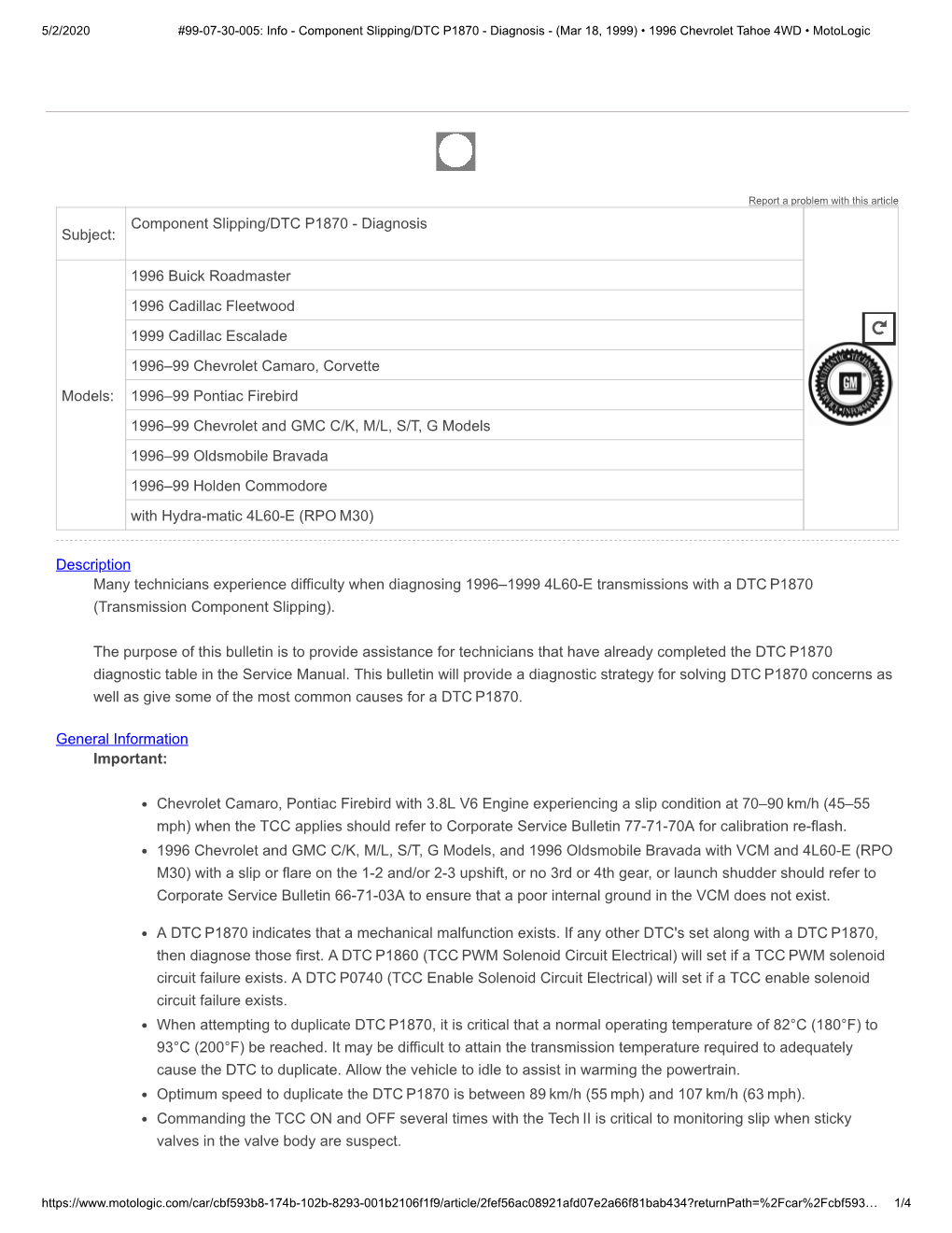 Subject: Component Slipping/DTC P1870