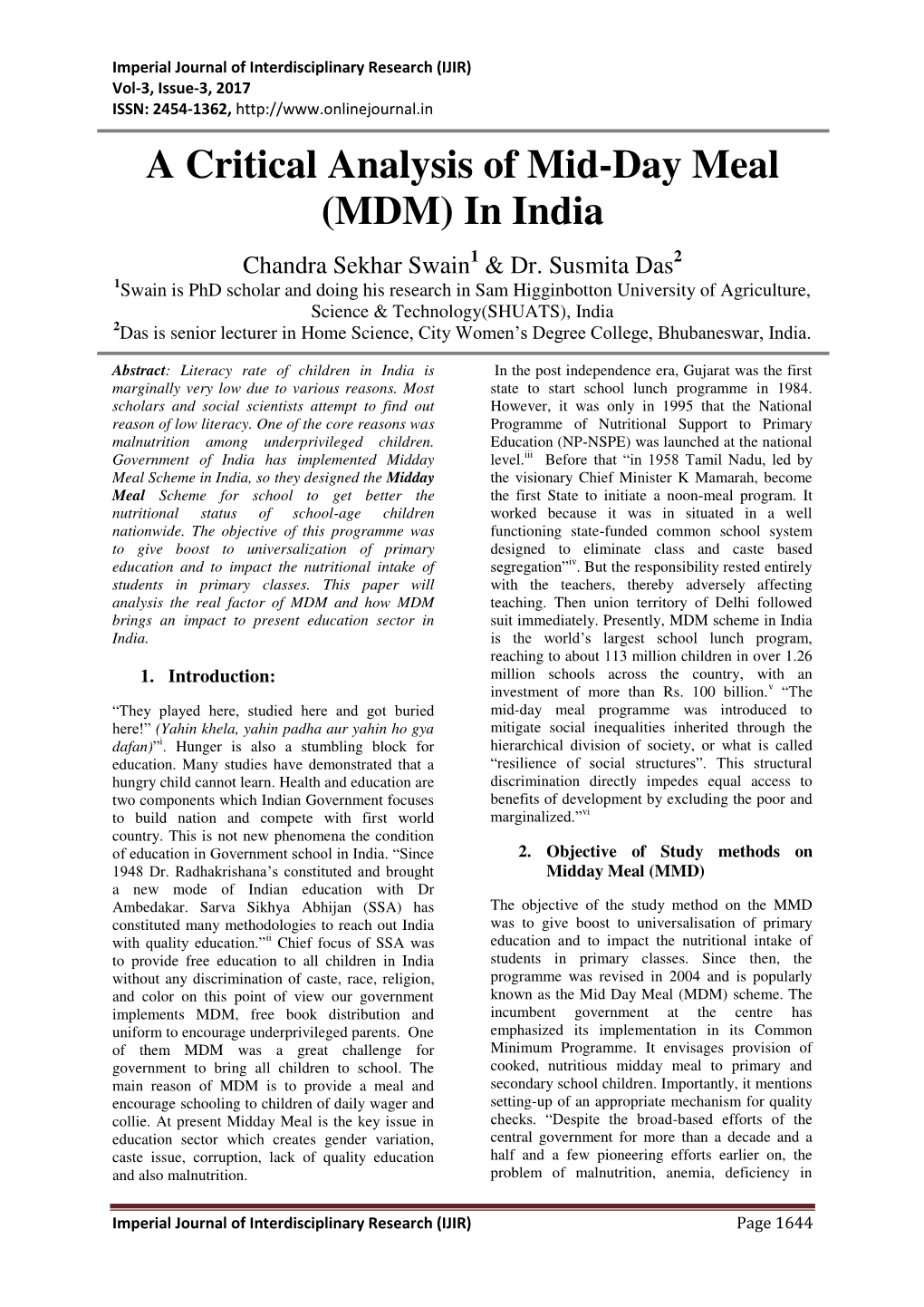 A Critical Analysis of Mid-Day Meal (MDM) in India