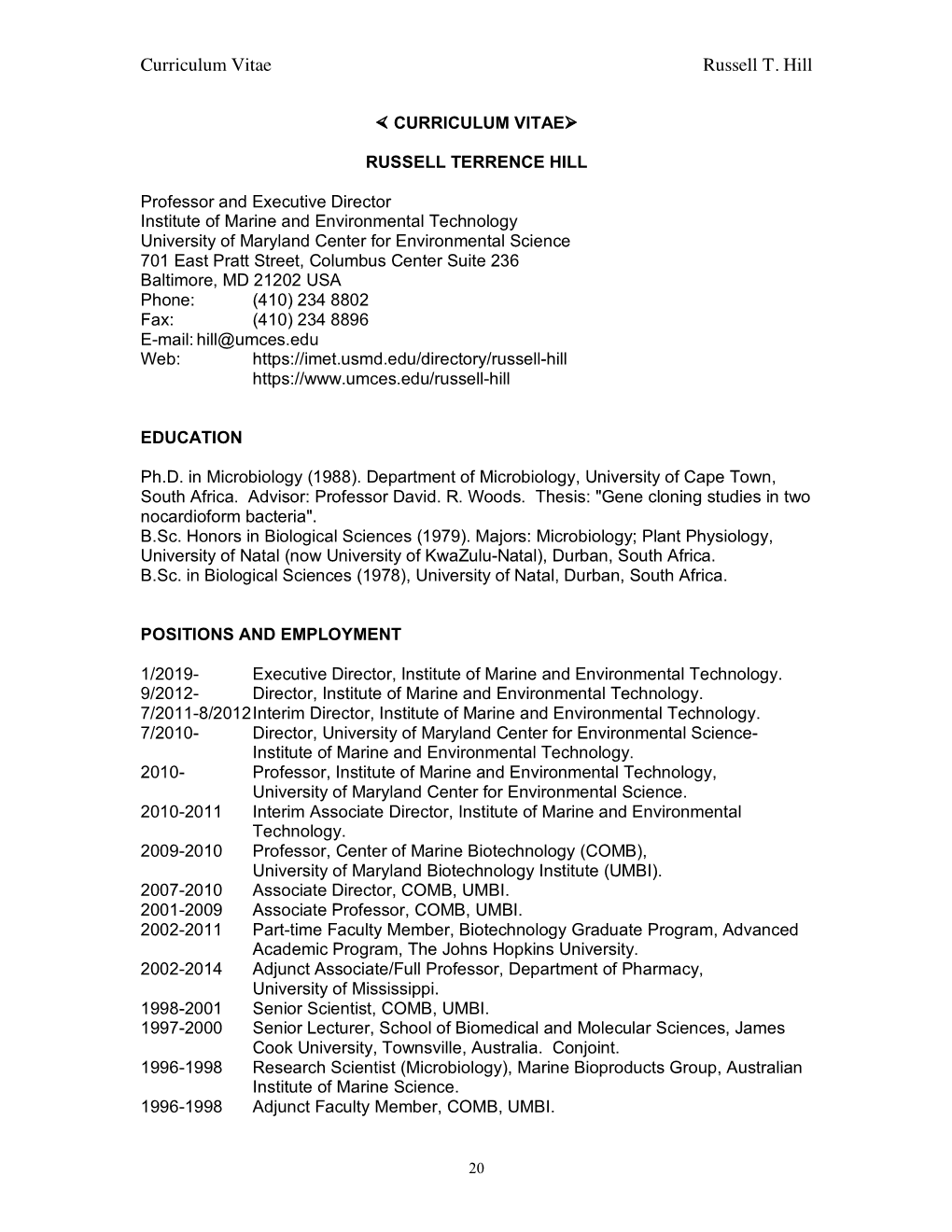 Curriculum Vitae Russell T. Hill