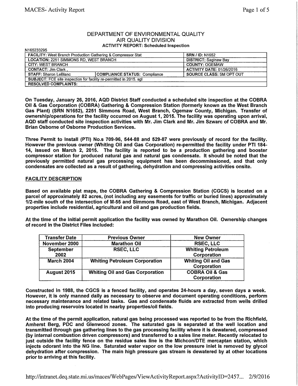 MACES- Activity Report Page 1 of 5 Http:/ /Intranet. Deq. State .Mi. Us