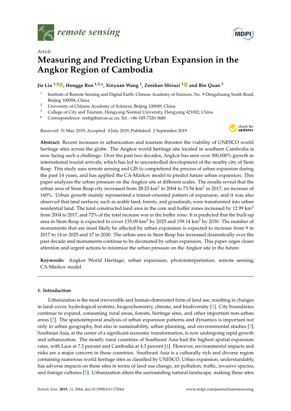 Measuring and Predicting Urban Expansion in the Angkor Region of Cambodia