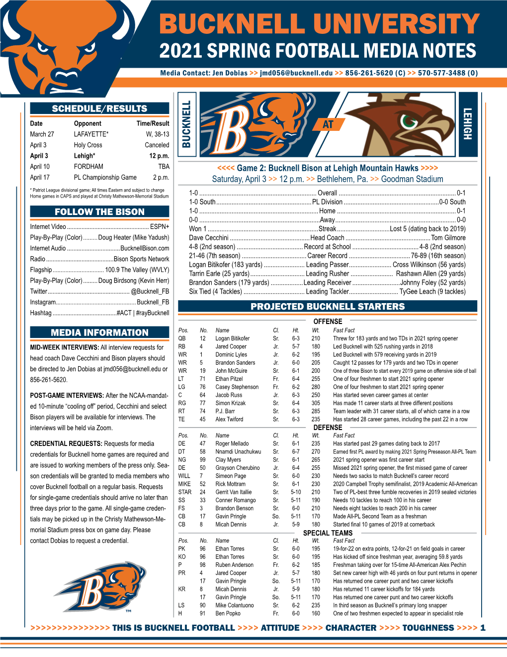 BUCKNELL UNIVERSITY 2021 SPRING FOOTBALL MEDIA NOTES Media Contact: Jen Dobias >> Jmd056@Bucknell.Edu >> 856-261-5620 (C) >> 570-577-3488 (O)