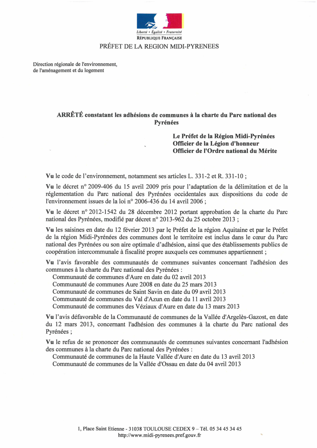 ARRÊTÉ Constatant Les Adhésions De Communes À La Charte Du Parc National Des Pyrénées