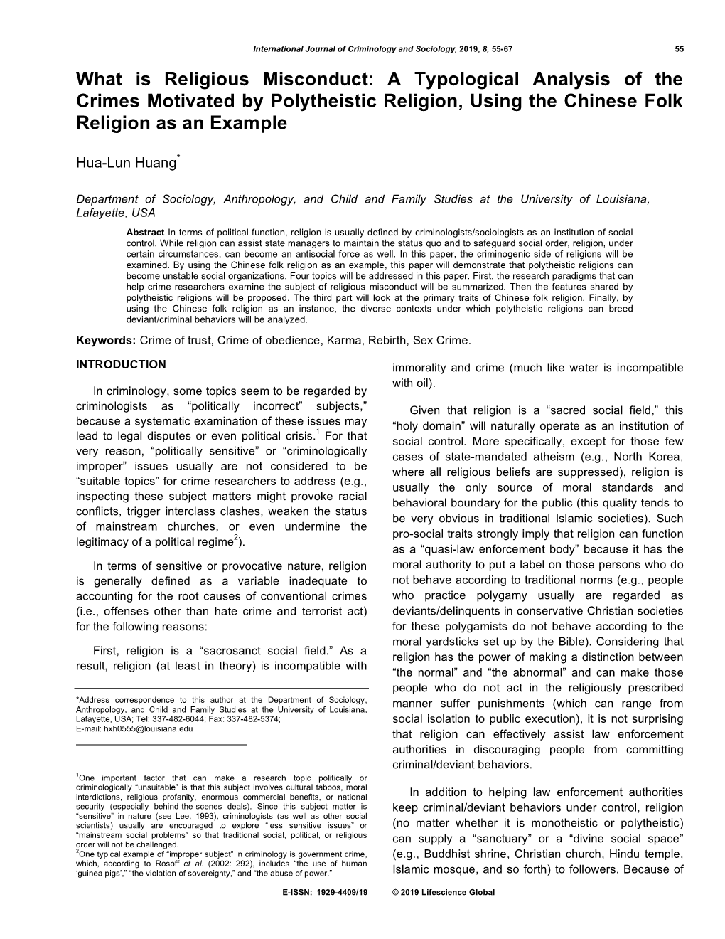 What Is Religious Misconduct: a Typological Analysis of the Crimes Motivated by Polytheistic Religion, Using the Chinese Folk Religion As an Example