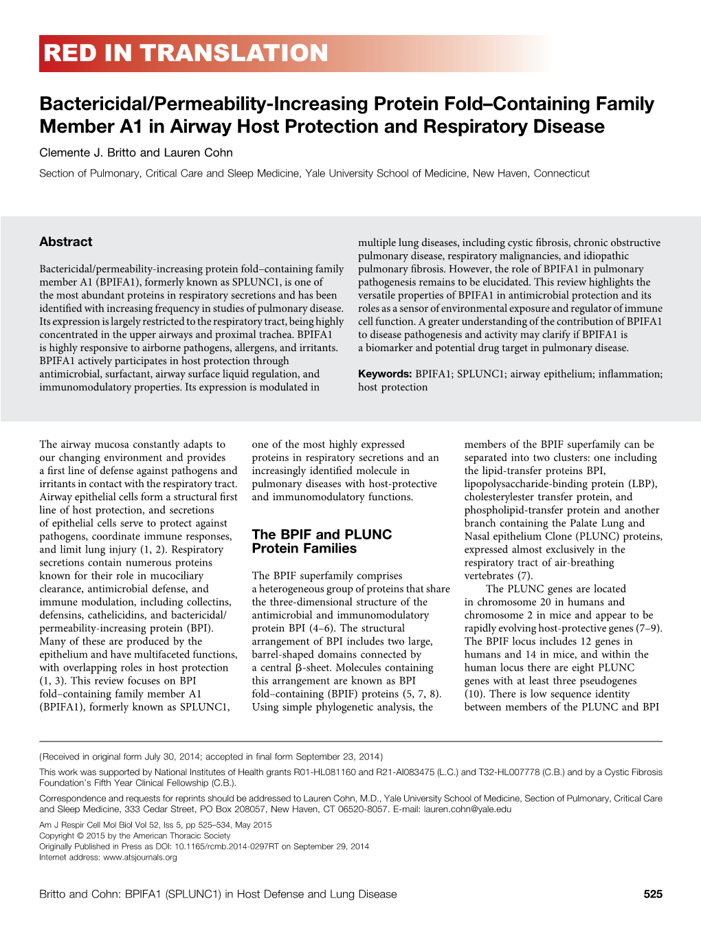 Bactericidal/Permeability-Increasing Protein Fold–Containing Family Member A1 in Airway Host Protection and Respiratory Disease Clemente J