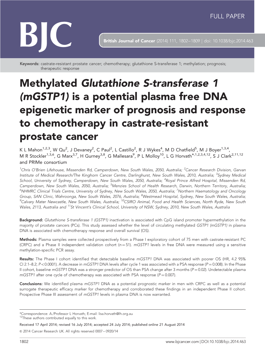 Mgstp1) Is a Potential Plasma Free DNA Epigenetic Marker of Prognosis and Response to Chemotherapy in Castrate-Resistant Prostate Cancer