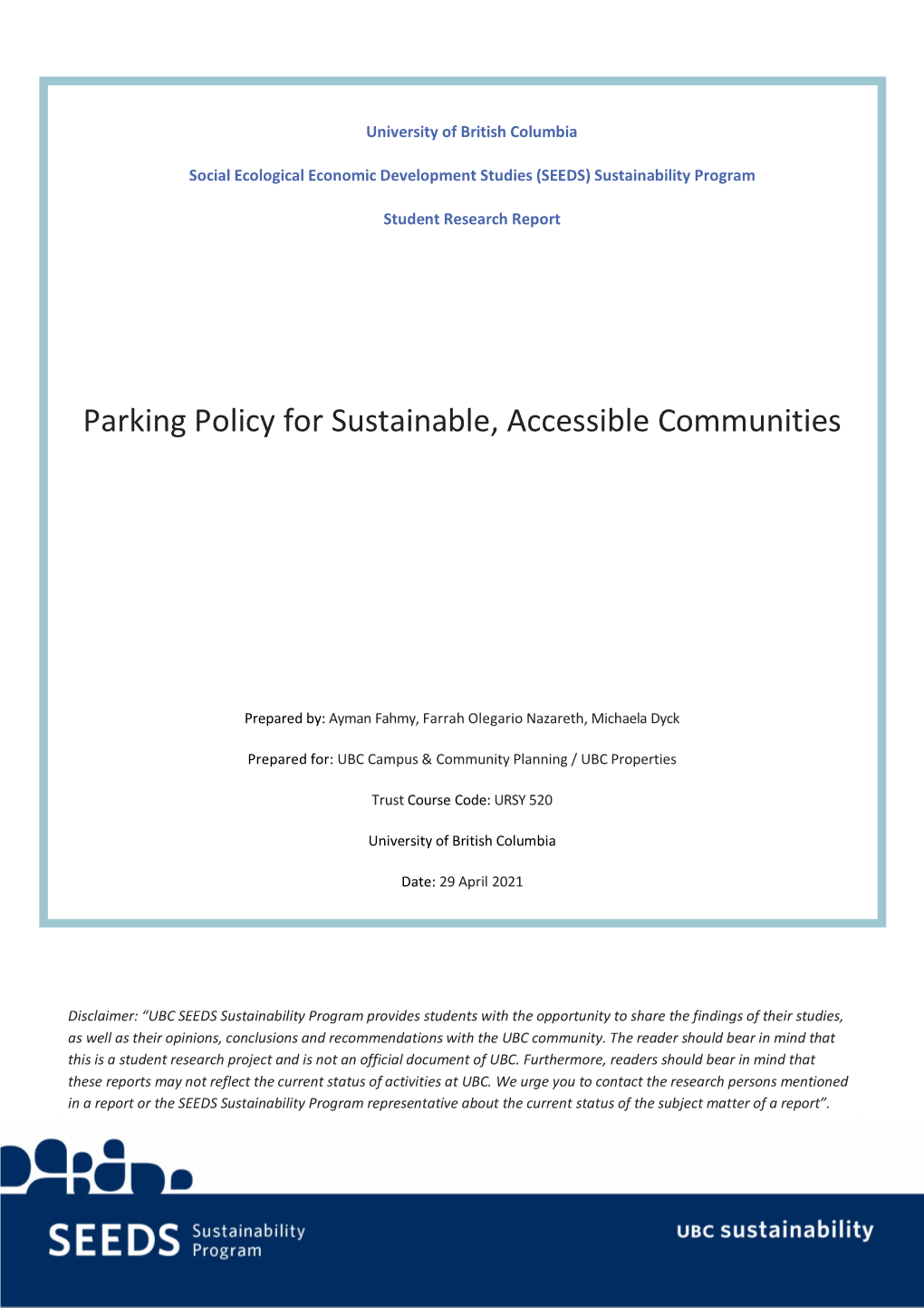Parking Policy for Sustainable, Accessible Communities