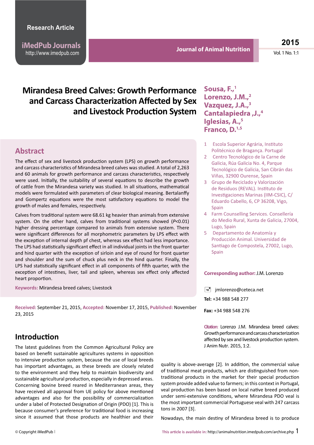 Mirandesa Breed Calves: Growth Performance and Carcass Characterization Introduction Affected by Sex and Livestock Production System