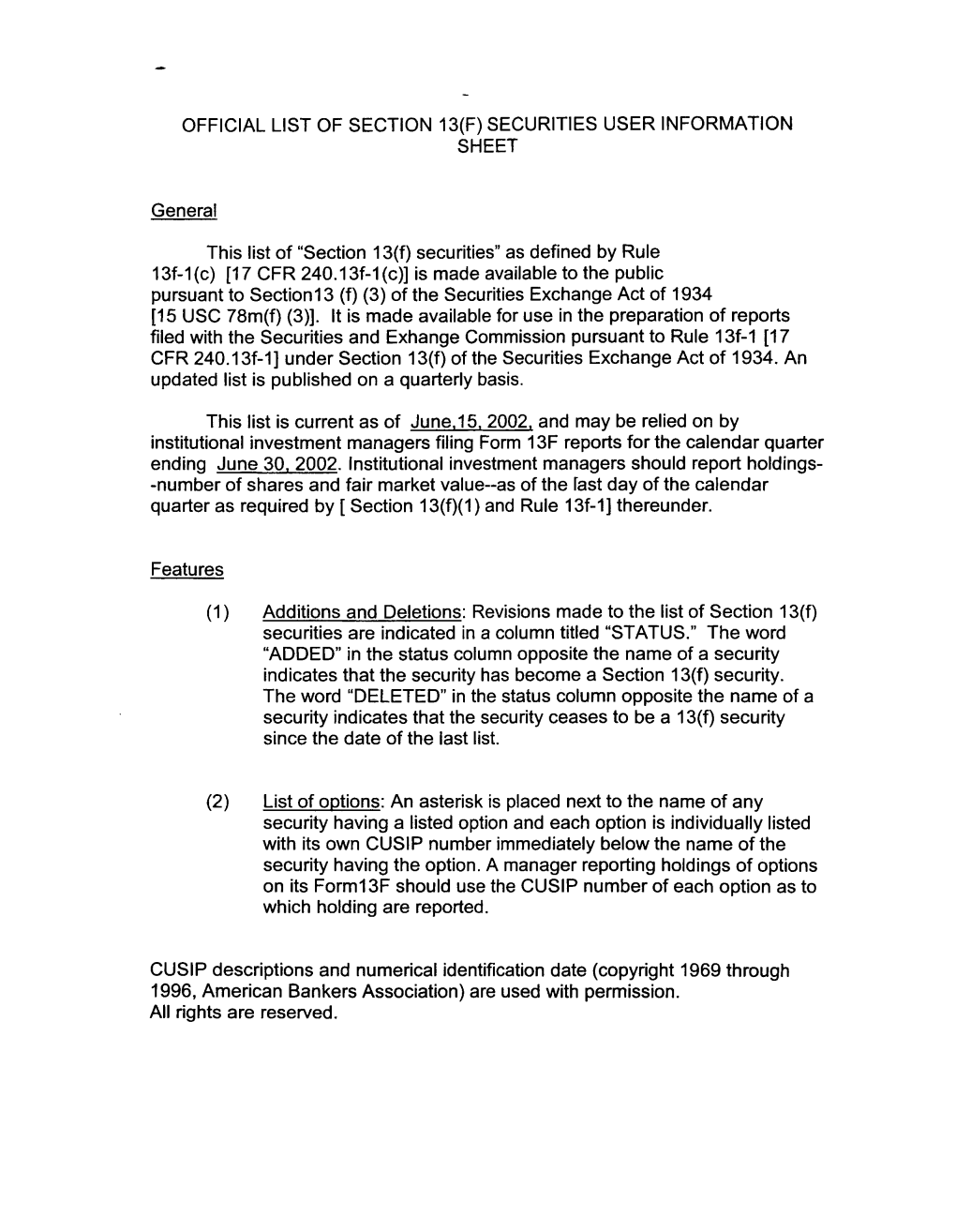 List of Section 13F Securities, Second Quarter 2002