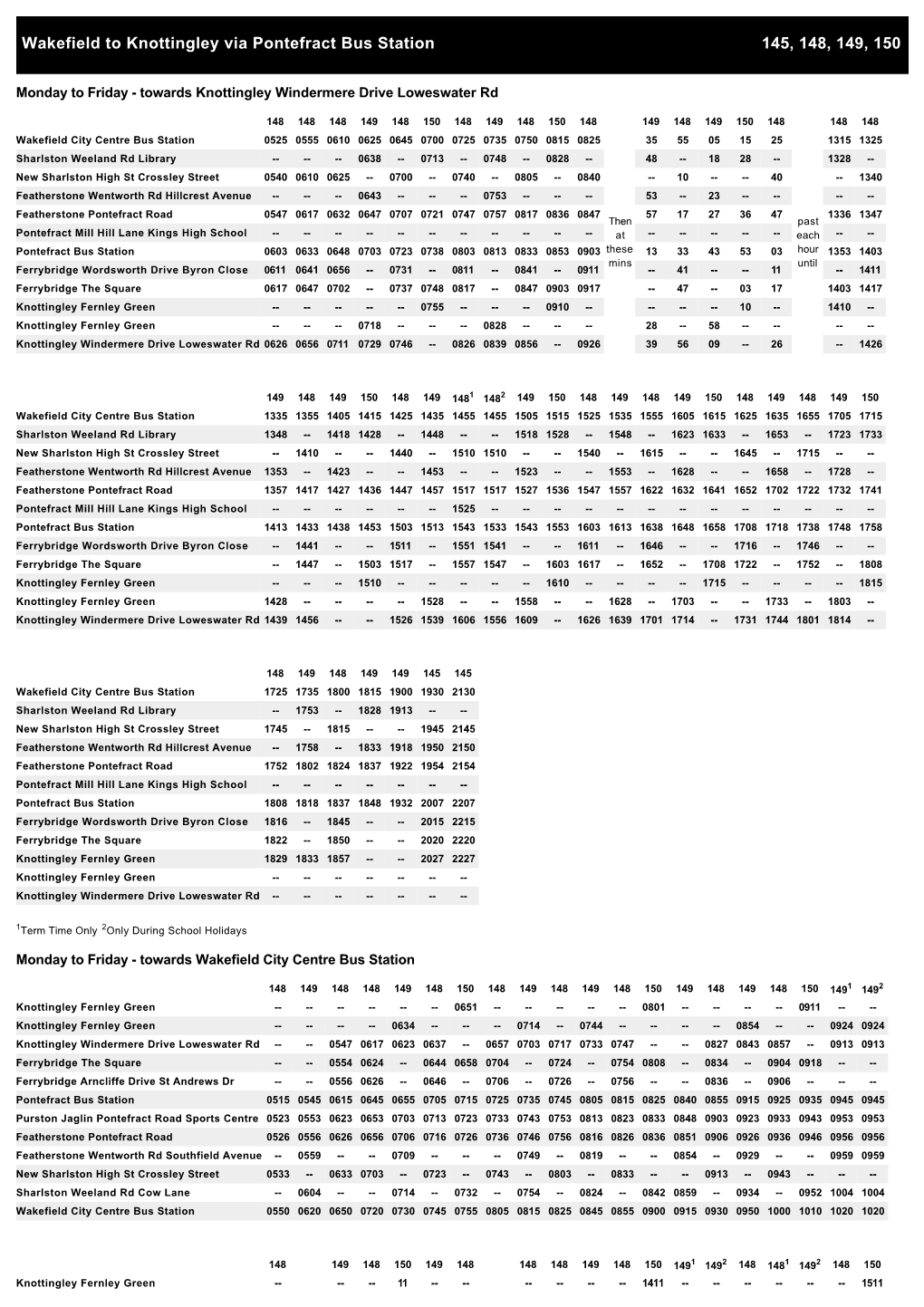 Wakefield to Knottingley Via Pontefract Bus Station 145, 148, 149, 150