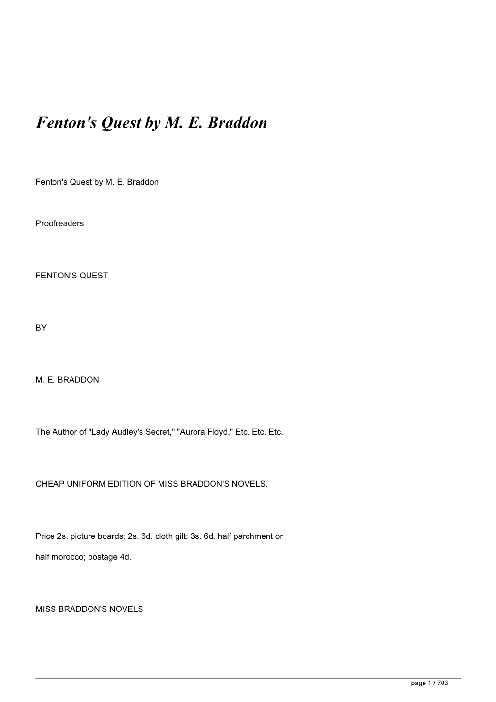 Fenton's Quest by ME Braddon</H1>