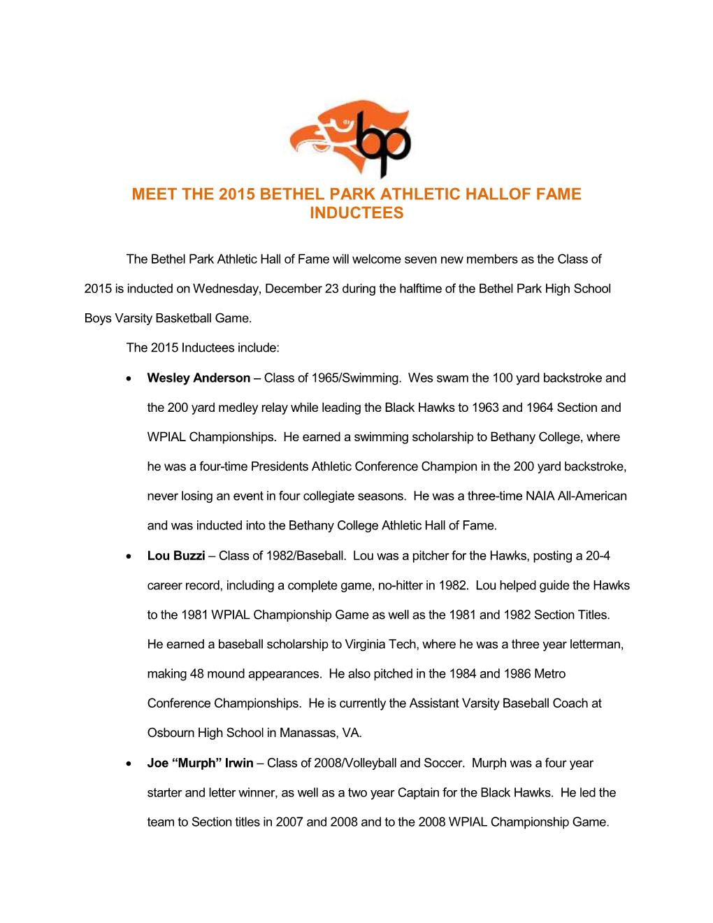 Meet the 2015 Bethel Park Athletic Hallof Fame Inductees