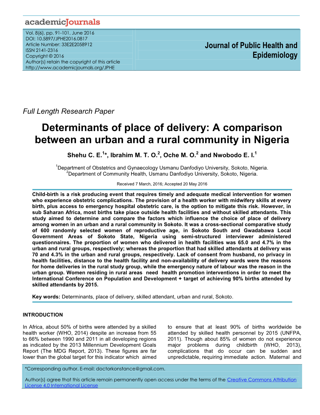 Determinants of Place of Delivery: a Comparison Between an Urban and a Rural Community in Nigeria