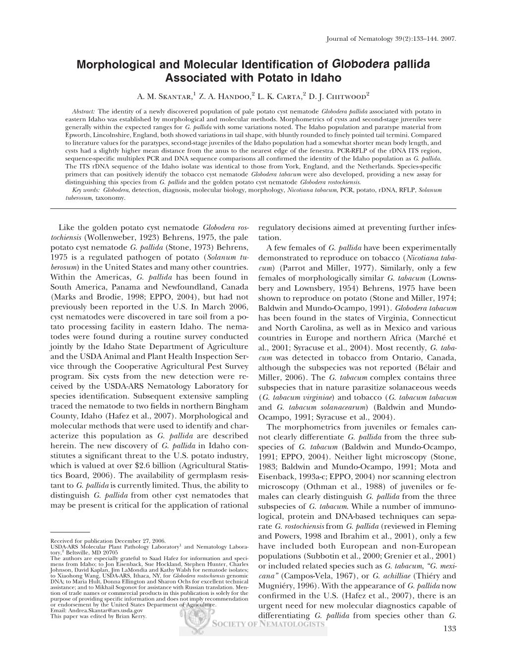 Morphological and Molecular Identification of Globodera Pallida Associated with Potato in Idaho