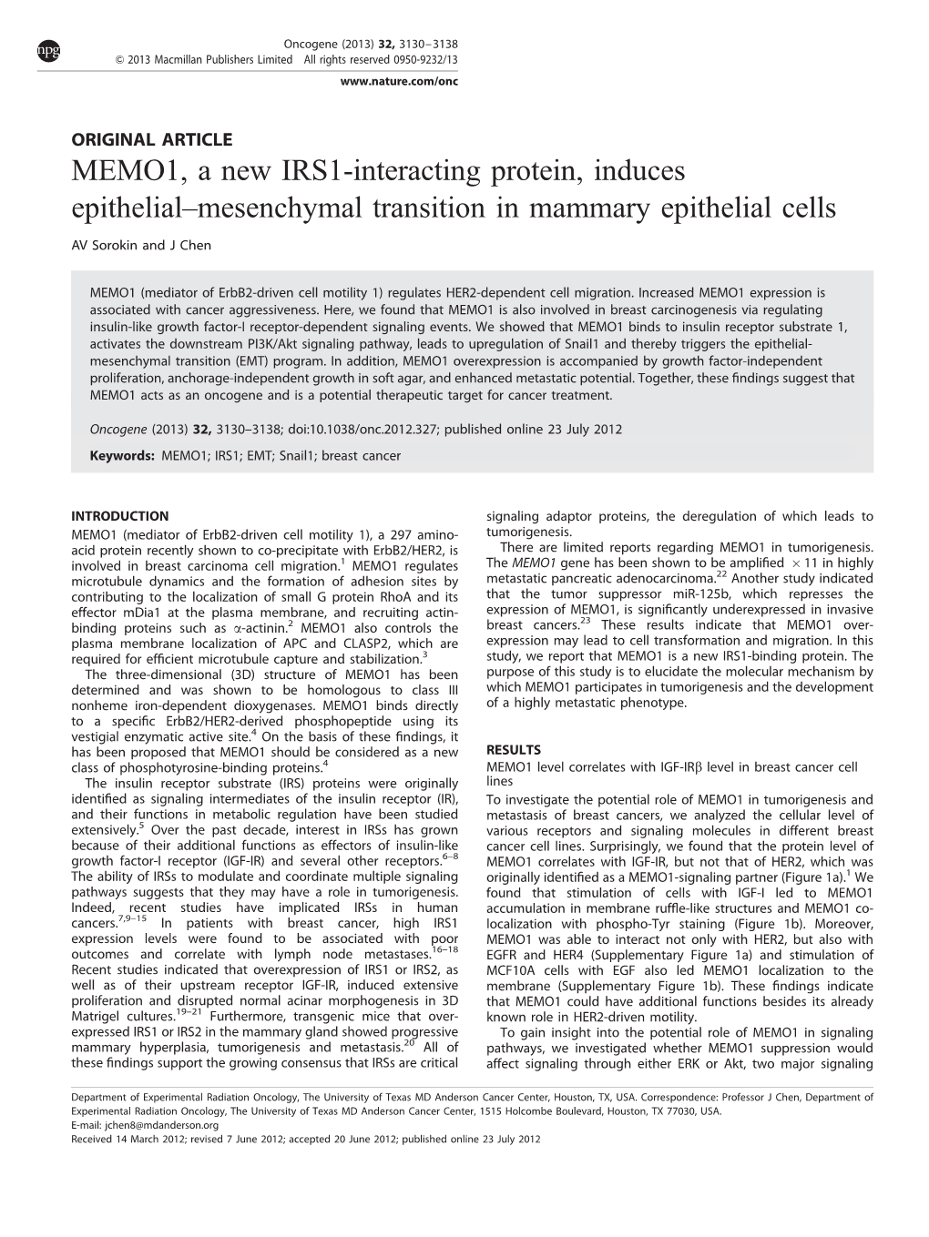 MEMO1, a New IRS1-Interacting Protein, Induces Epithelial–Mesenchymal Transition in Mammary Epithelial Cells