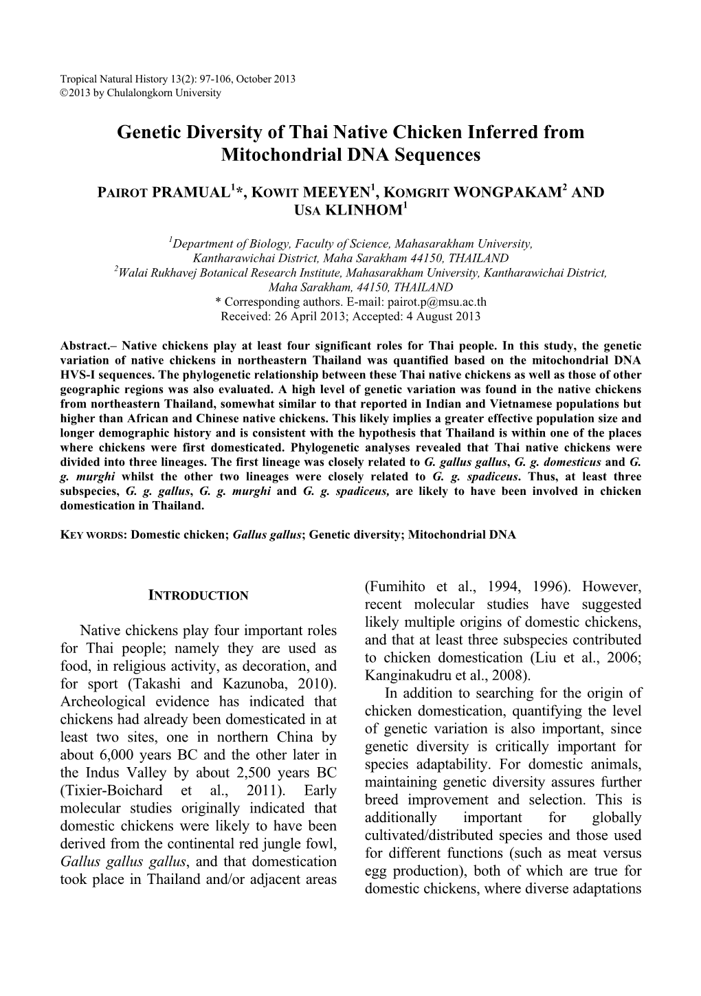 Genetic Diversity of Thai Native Chicken Inferred from Mitochondrial DNA Sequences