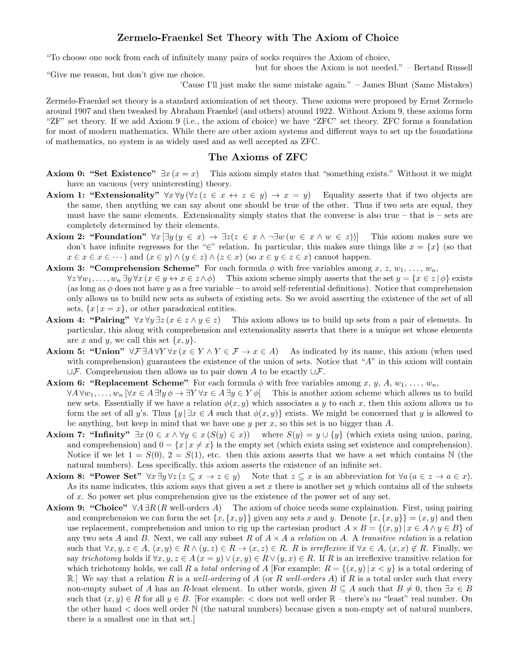 Zermelo-Fraenkel Set Theory with the Axiom of Choice the Axioms Of