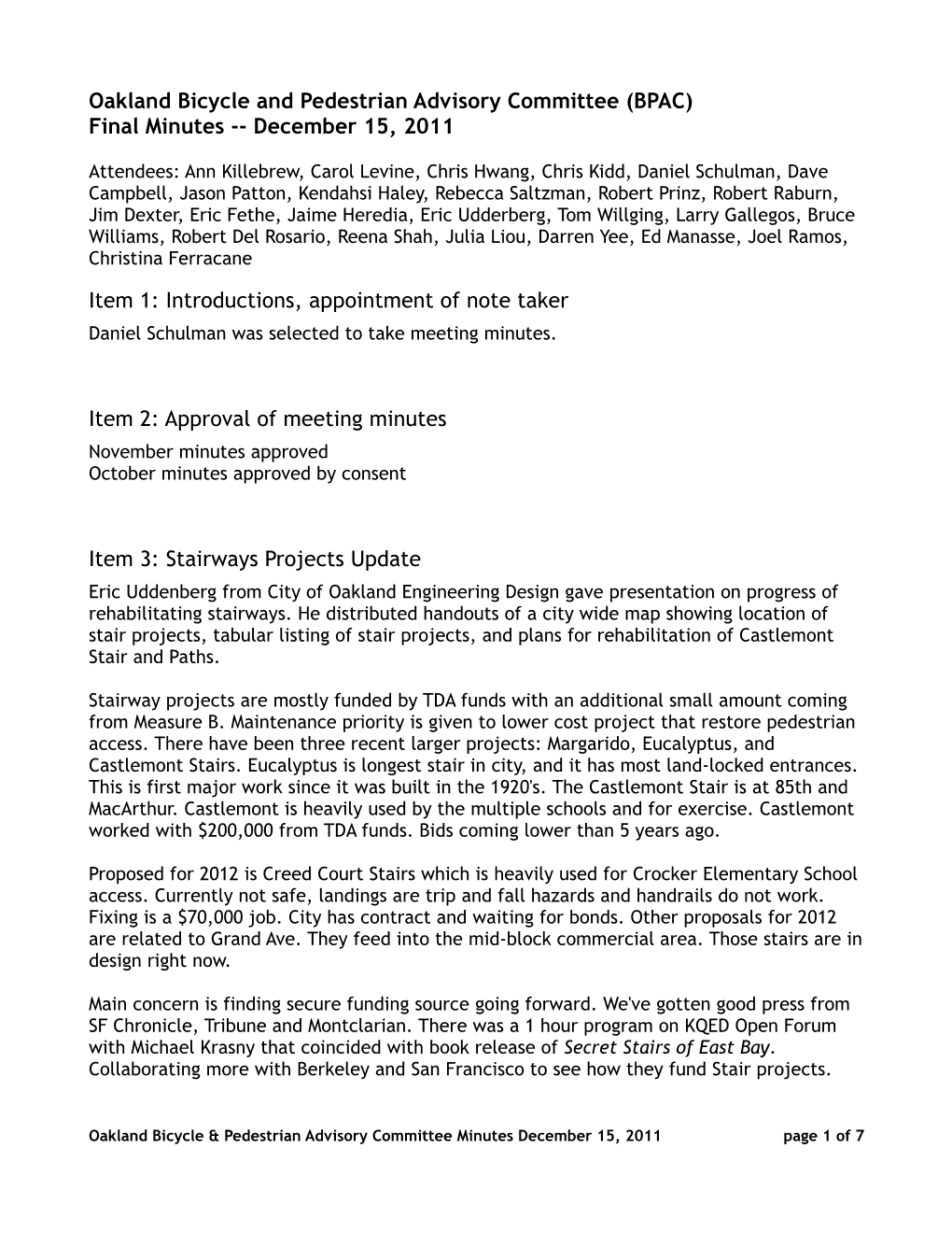 Oakland Bicycle and Pedestrian Advisory Committee (BPAC) Final Minutes -- December 15, 2011