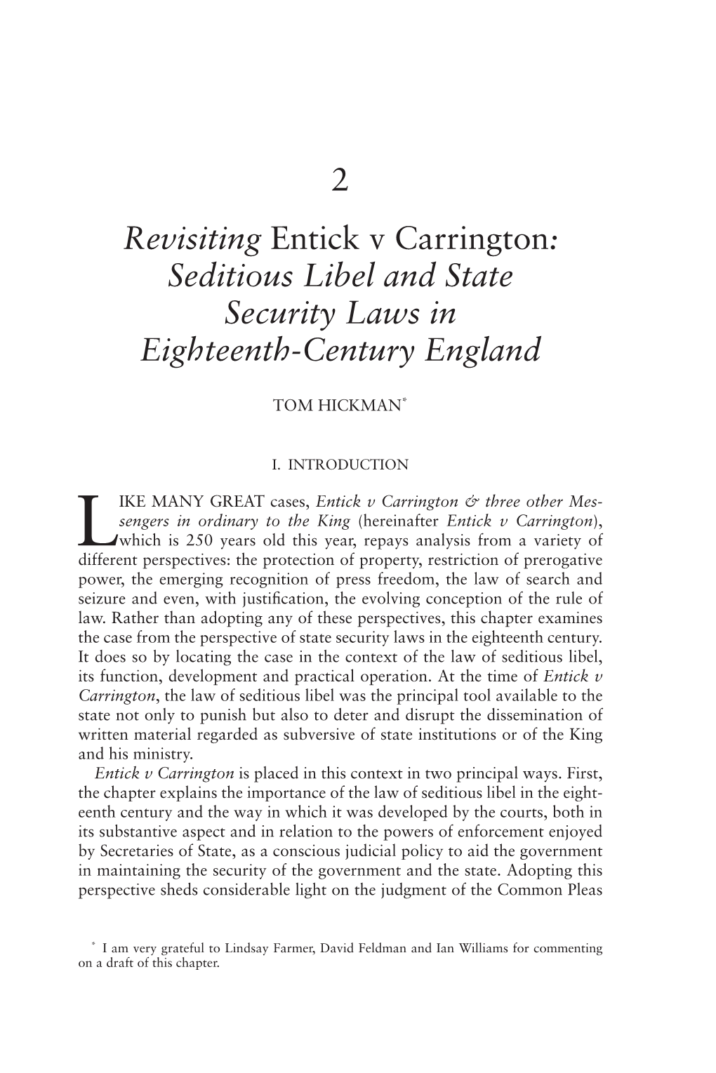 2 Revisiting Entick V Carrington: Seditious Libel and State Security