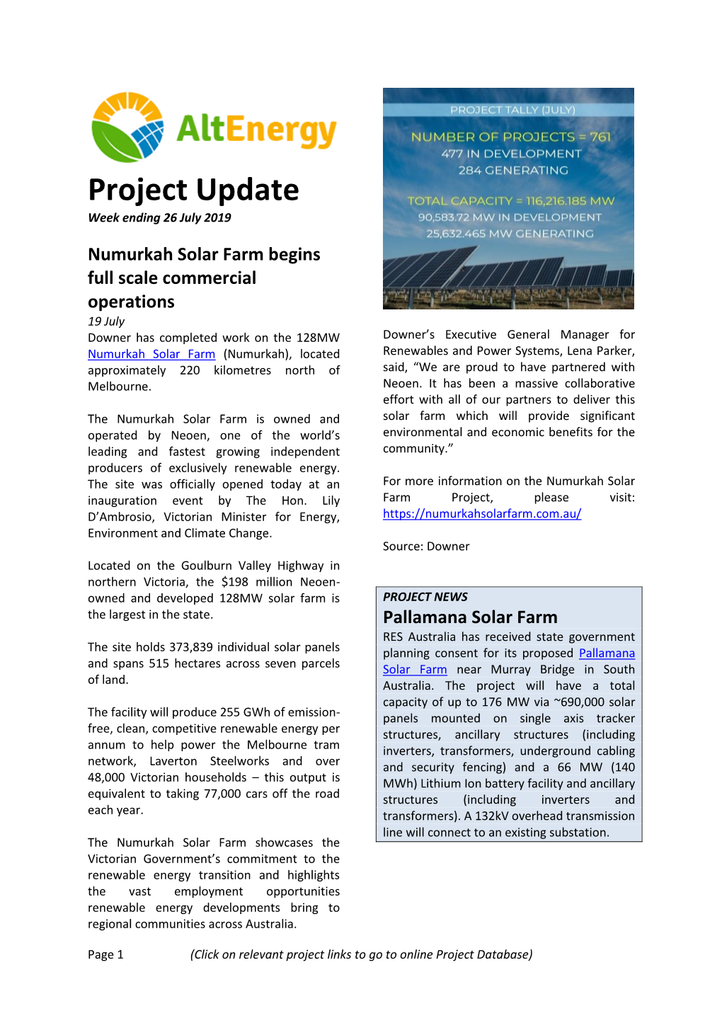 Project Update Week Ending 26 July 2019