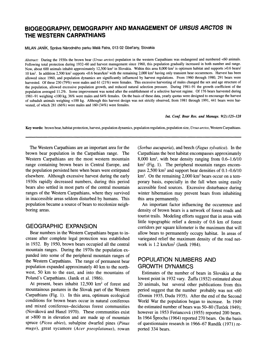 Biogeography, Demography and Management of Ursus