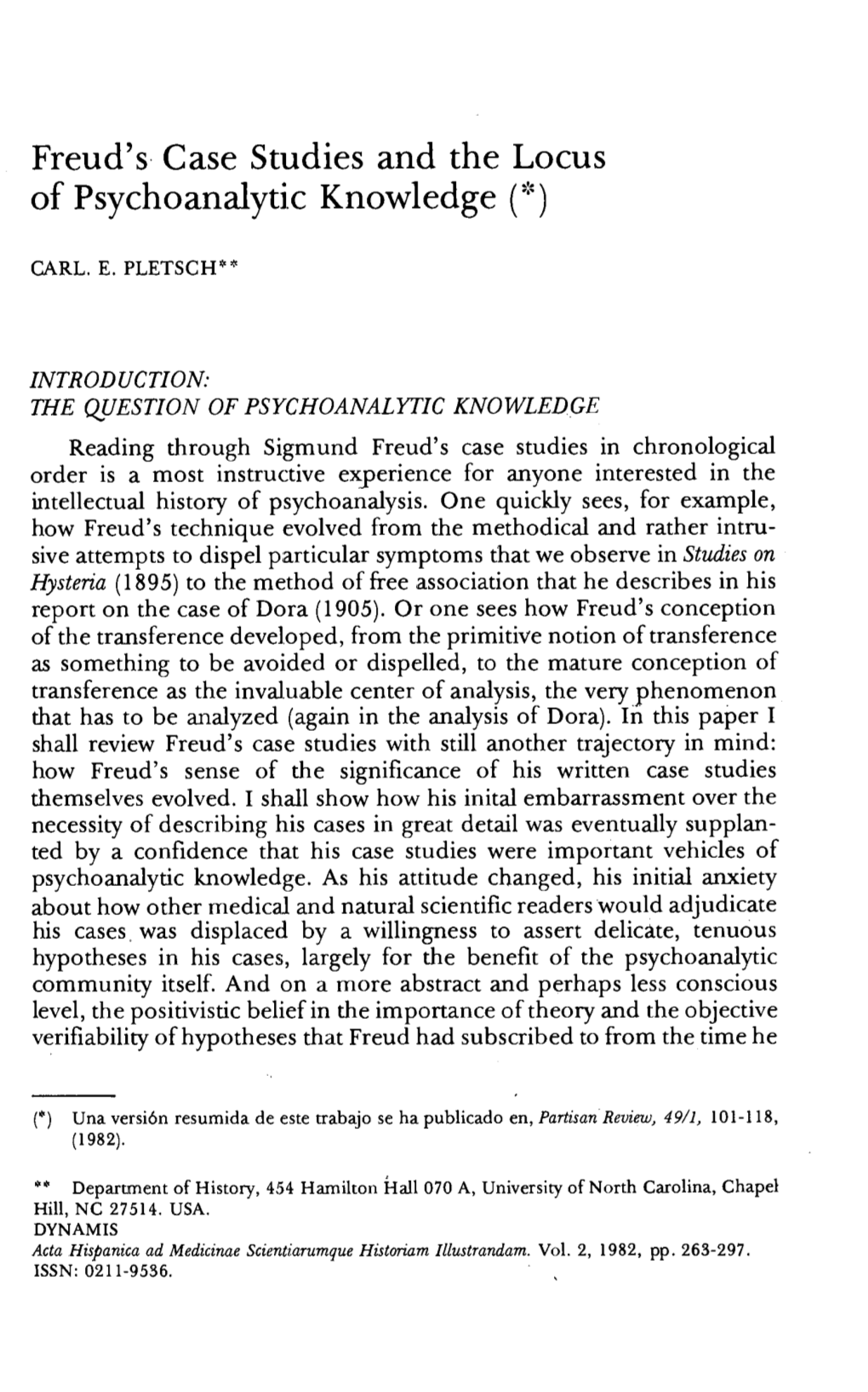 Freud's, Case Studies and the Locus of Psychoanalytic Knowledge (