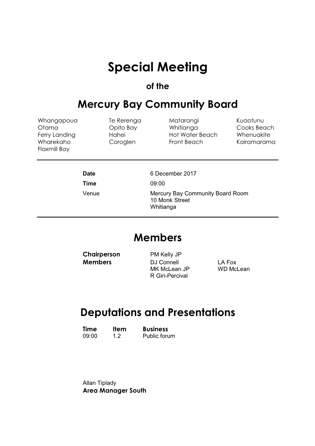 Special Meeting of the Mercury Bay Community Board