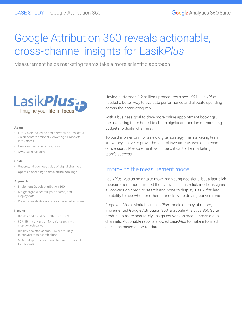 Google Attribution 360 Reveals Actionable, Cross-Channel Insights for Lasikplus Measurement Helps Marketing Teams Take a More Scientific Approach