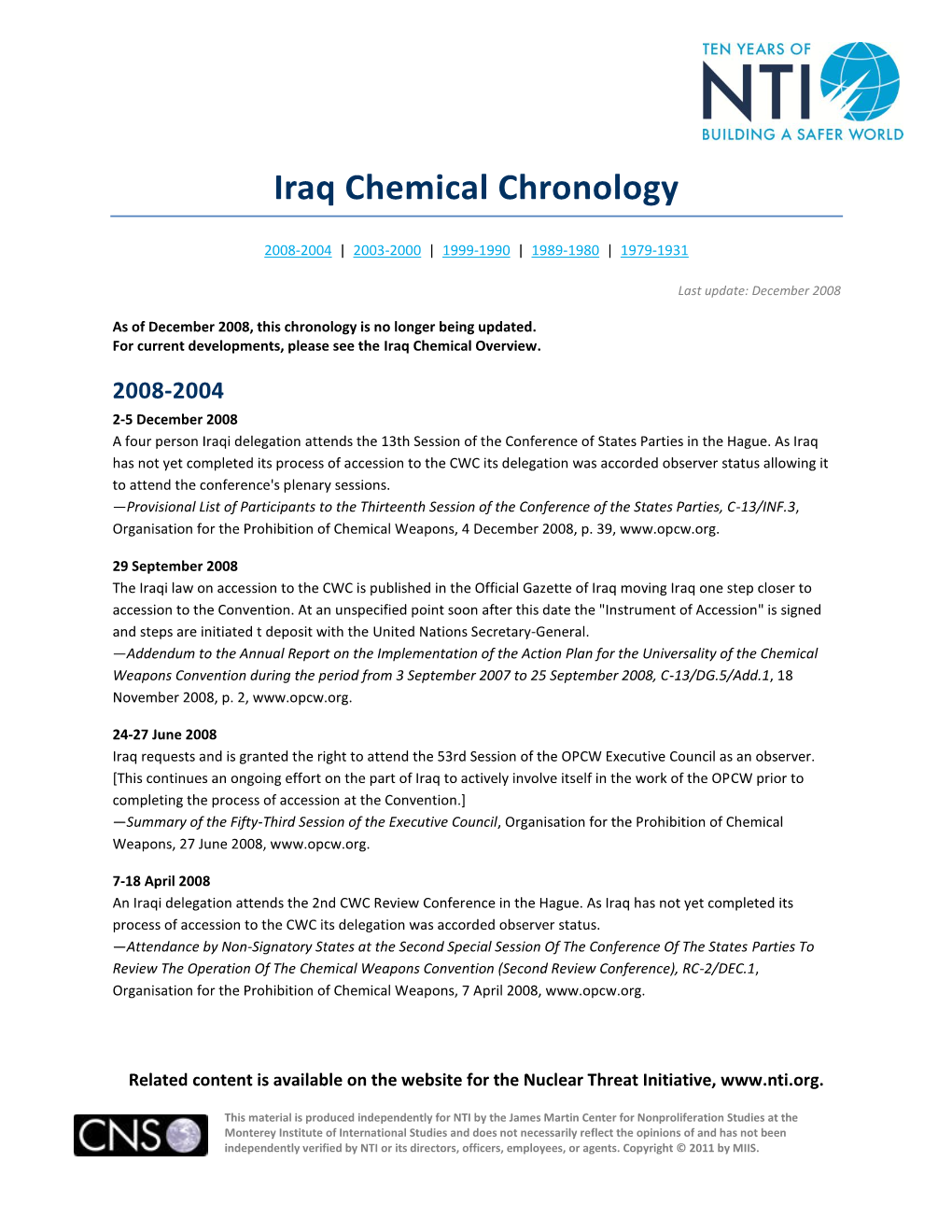 Iraq Chemical Chronology