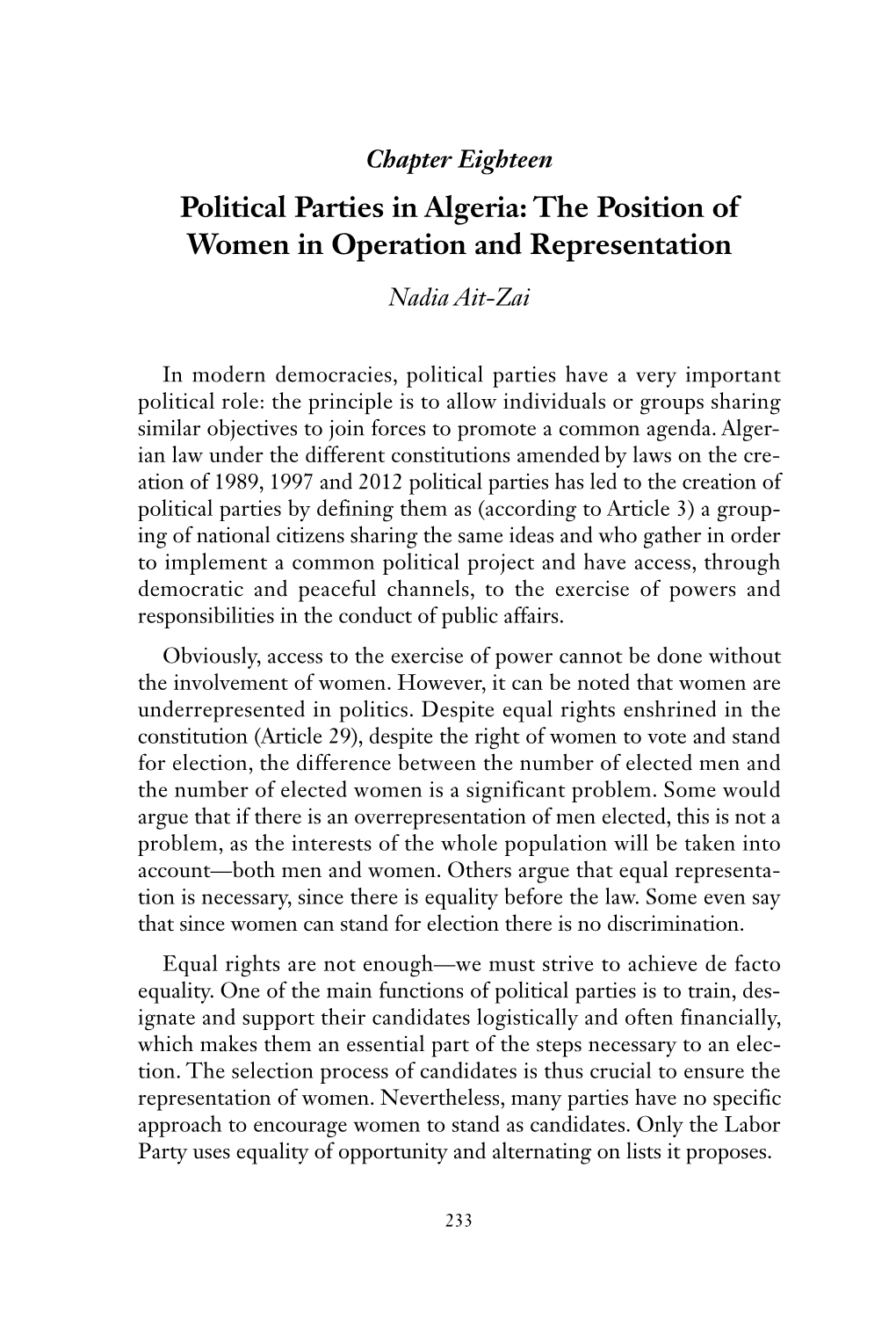 Political Parties in Algeria: the Position of Women in Operation and Representation