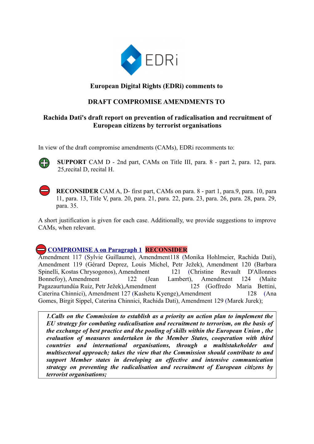 European Digital Rights (Edri) Comments to DRAFT