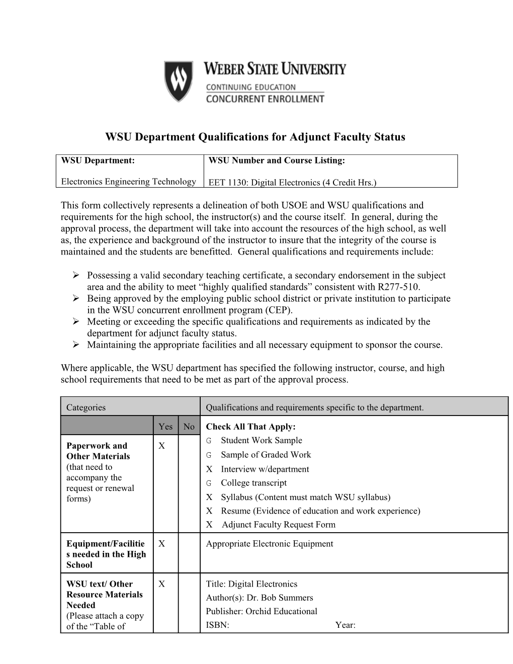 WSU Department Qualifications for Adjunct Faculty Status s3