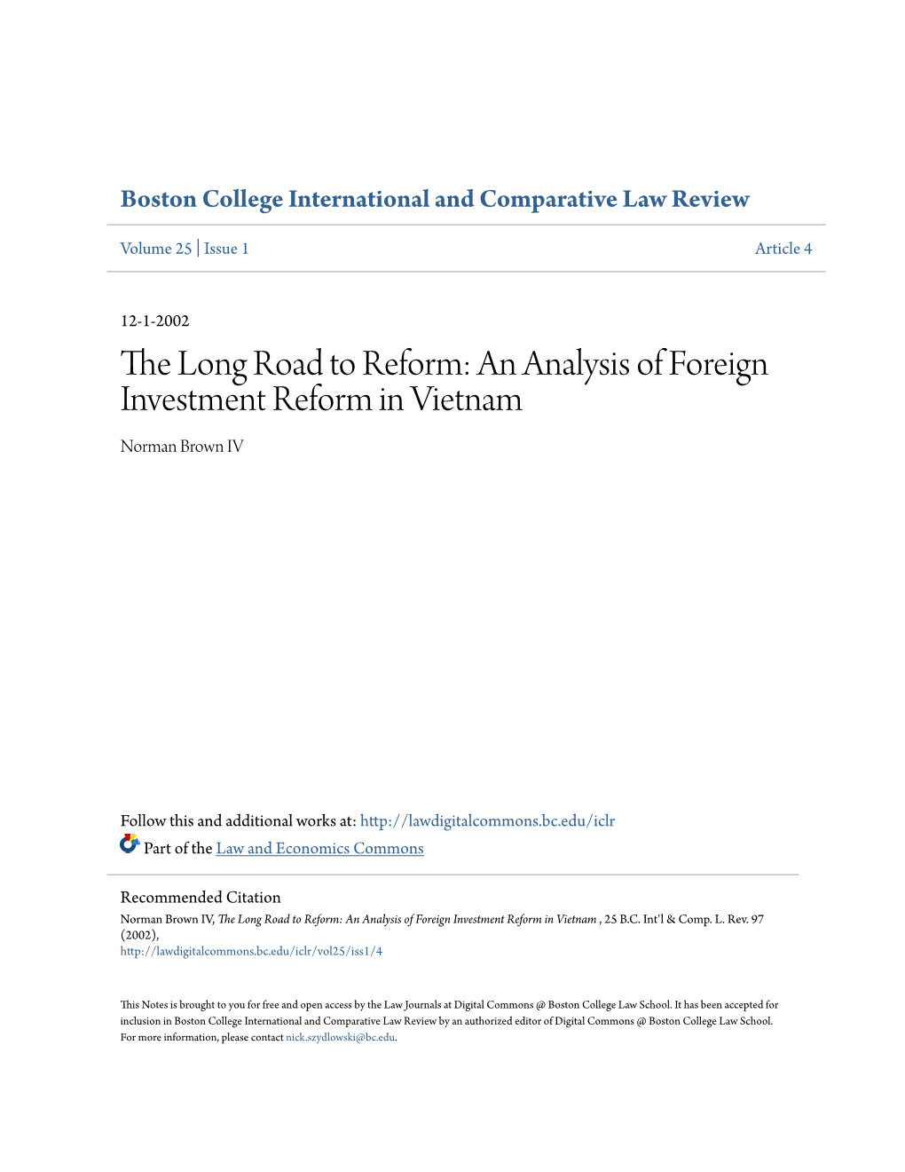 An Analysis of Foreign Investment Reform in Vietnam Norman Brown IV