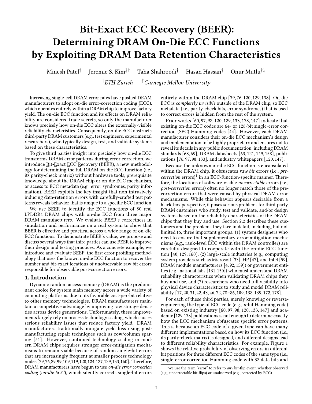Bit-Exact ECC Recovery (BEER): Determining DRAM On-Die ECC Functions by Exploiting DRAM Data Retention Characteristics